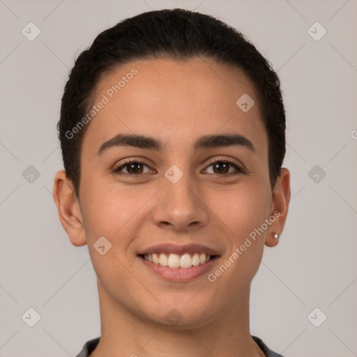 Joyful white young-adult female with short  brown hair and brown eyes