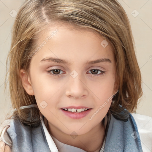 Joyful white child female with medium  brown hair and brown eyes