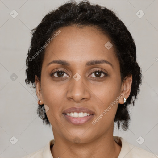 Joyful black young-adult female with medium  black hair and brown eyes