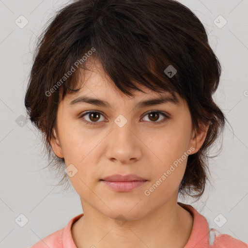 Neutral white young-adult female with medium  brown hair and brown eyes