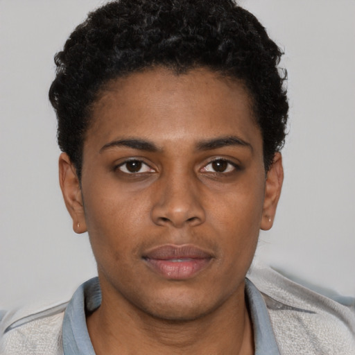 Neutral black young-adult female with short  black hair and brown eyes