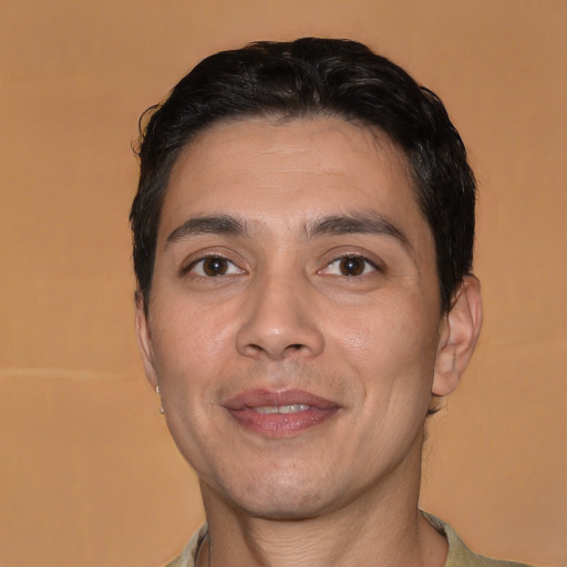 Joyful asian adult male with short  brown hair and brown eyes