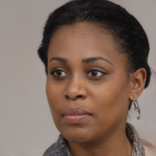 Neutral black young-adult female with short  black hair and brown eyes