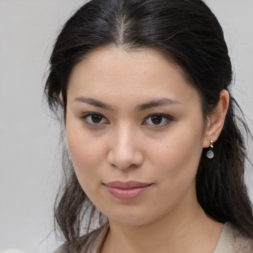 Neutral asian young-adult female with medium  brown hair and brown eyes
