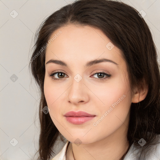 Neutral white young-adult female with medium  brown hair and brown eyes