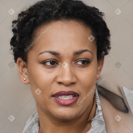 Joyful black adult female with short  brown hair and brown eyes