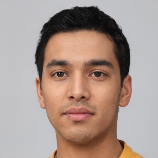 Neutral asian young-adult male with short  black hair and brown eyes