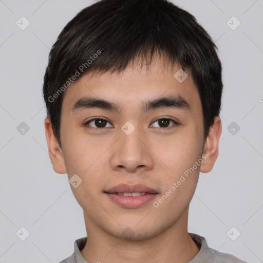 Neutral asian young-adult male with short  black hair and brown eyes