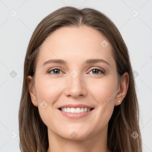 Joyful white young-adult female with long  brown hair and grey eyes