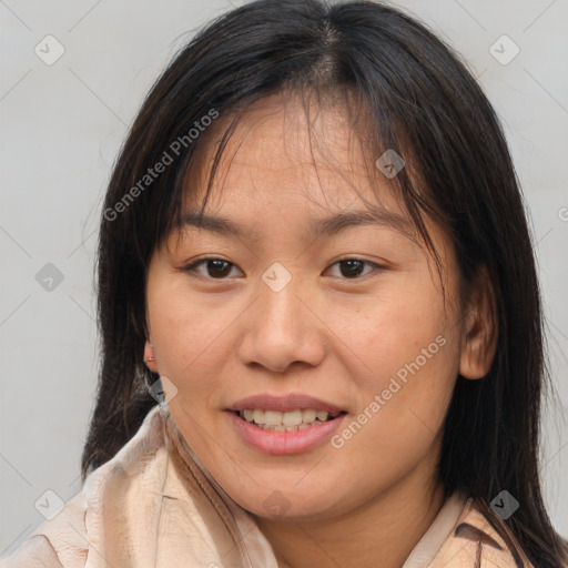 Joyful white young-adult female with medium  brown hair and brown eyes