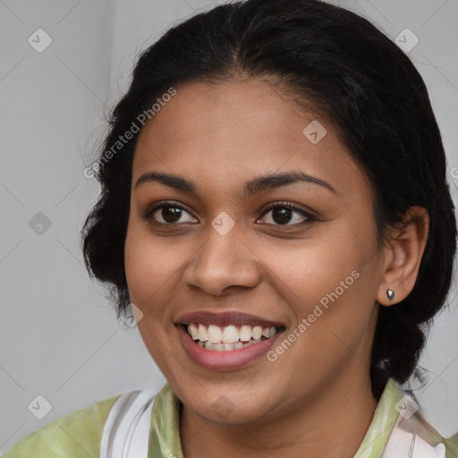 Joyful latino young-adult female with medium  brown hair and brown eyes