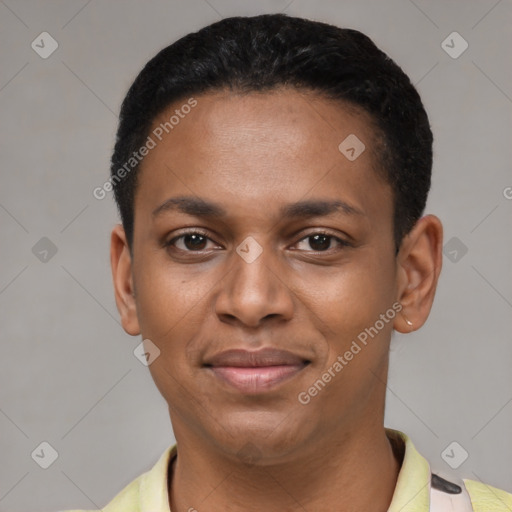 Joyful latino young-adult female with short  black hair and brown eyes