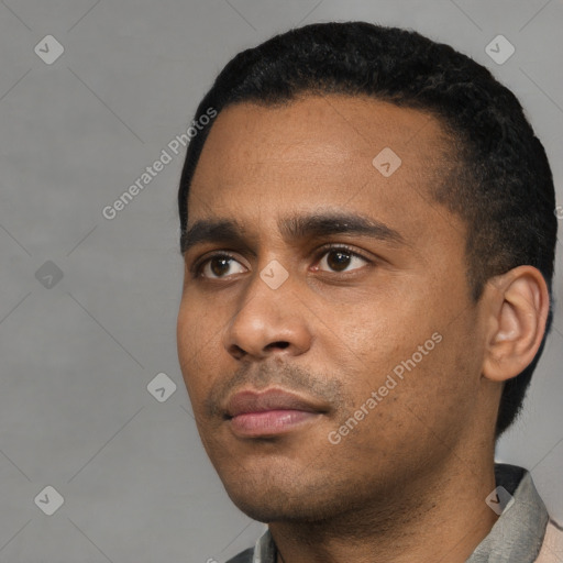 Neutral black young-adult male with short  black hair and brown eyes