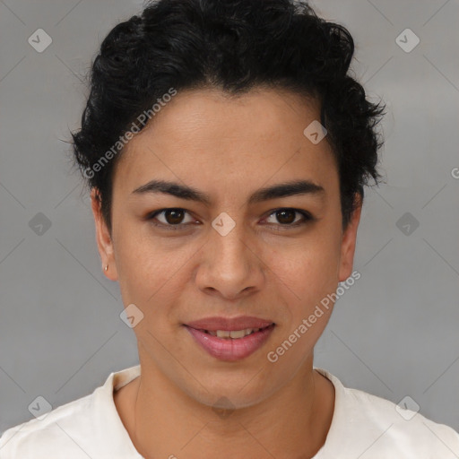 Joyful latino young-adult female with short  brown hair and brown eyes