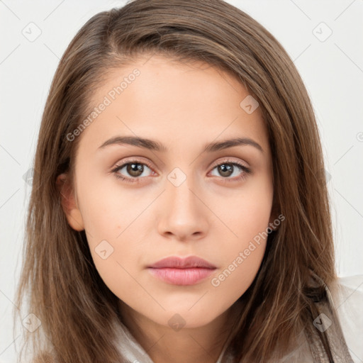 Neutral white young-adult female with long  brown hair and brown eyes