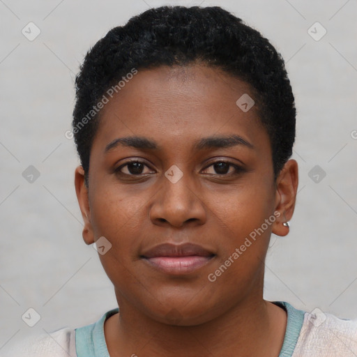 Neutral black young-adult female with short  brown hair and brown eyes