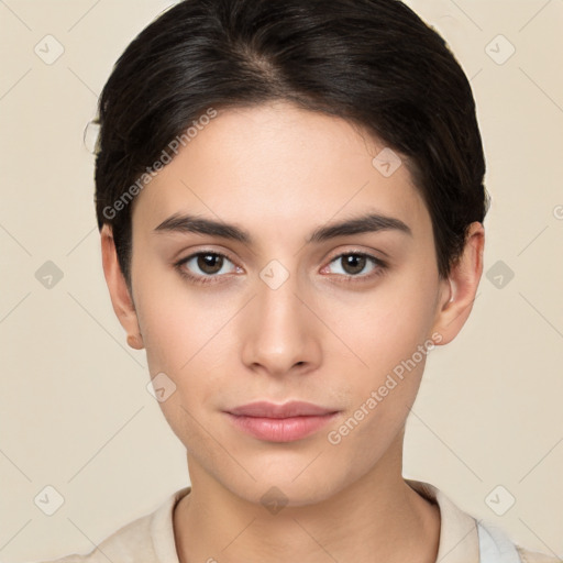 Neutral white young-adult female with short  brown hair and brown eyes