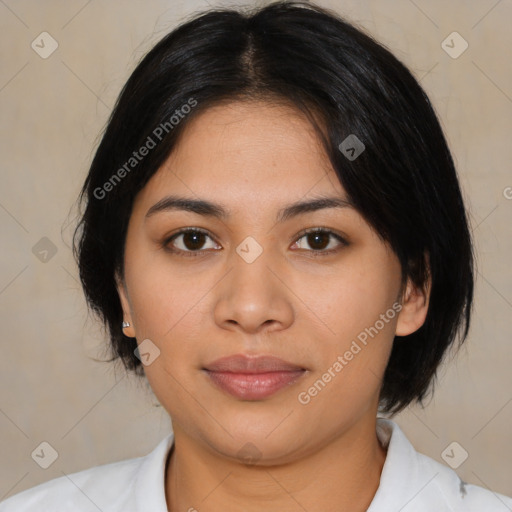 Joyful asian young-adult female with medium  black hair and brown eyes