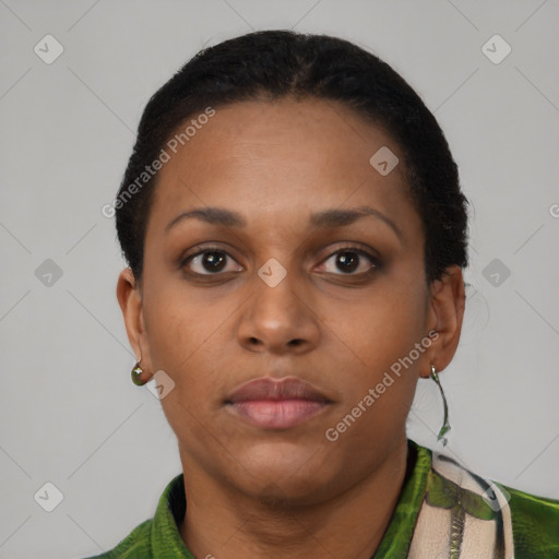 Neutral black young-adult female with short  brown hair and brown eyes