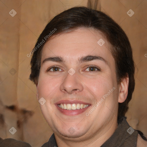 Joyful white young-adult male with medium  brown hair and brown eyes