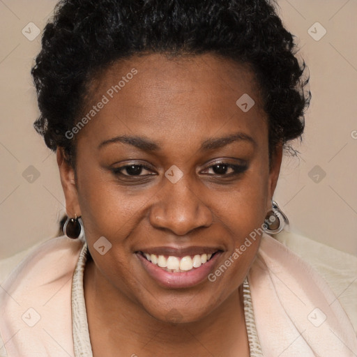 Joyful black young-adult female with short  brown hair and brown eyes