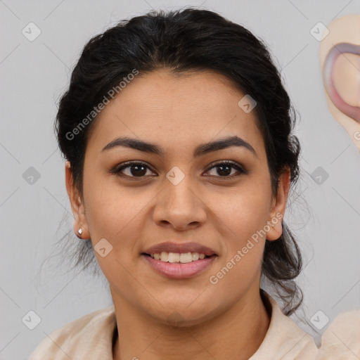 Joyful latino young-adult female with medium  brown hair and brown eyes