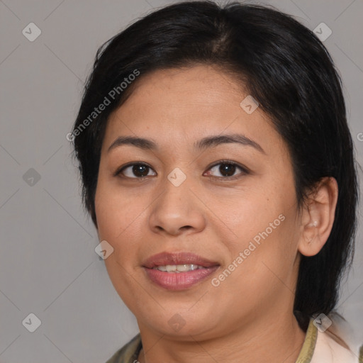 Joyful white adult female with medium  brown hair and brown eyes