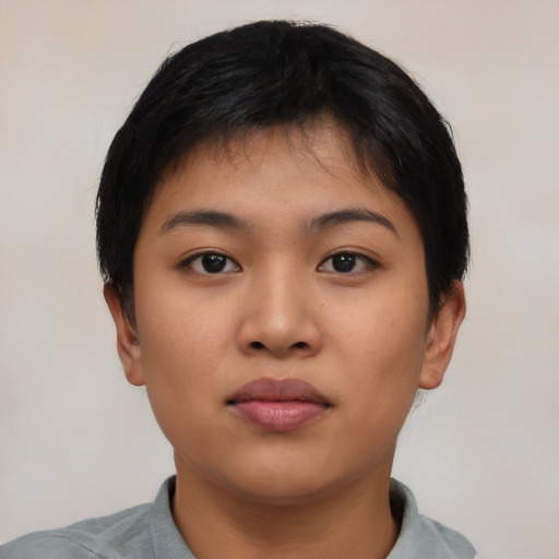 Neutral asian young-adult female with short  black hair and brown eyes
