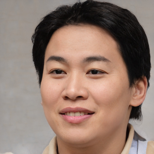Joyful asian young-adult male with medium  brown hair and brown eyes