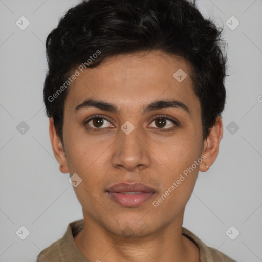 Neutral latino young-adult male with short  black hair and brown eyes