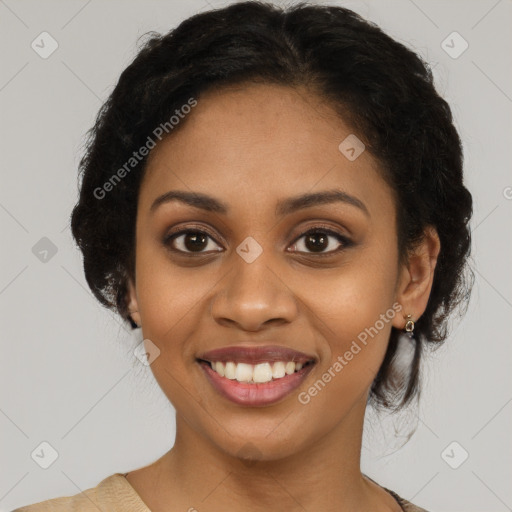 Joyful black young-adult female with medium  black hair and brown eyes