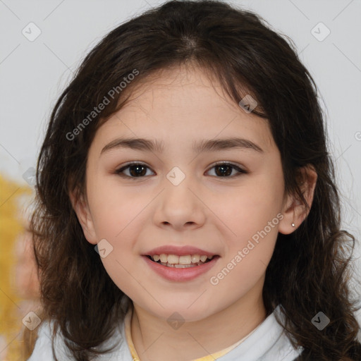 Joyful white child female with medium  brown hair and brown eyes