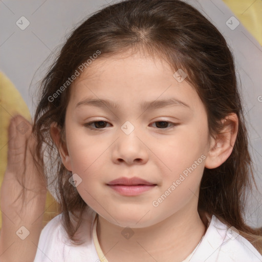 Joyful white child female with medium  brown hair and brown eyes