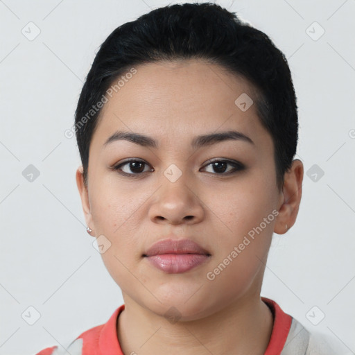 Neutral latino young-adult female with short  black hair and brown eyes