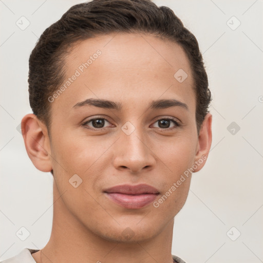 Joyful white young-adult female with short  brown hair and brown eyes