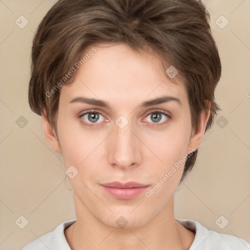 Neutral white young-adult female with medium  brown hair and brown eyes