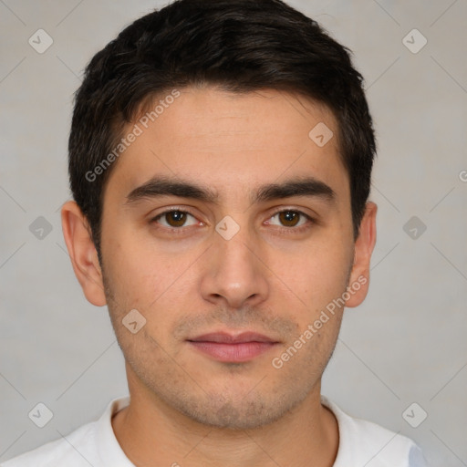 Neutral white young-adult male with short  brown hair and brown eyes