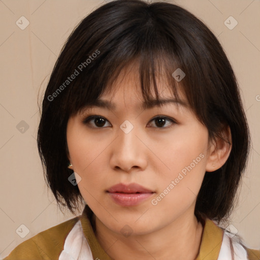 Neutral asian young-adult female with medium  brown hair and brown eyes