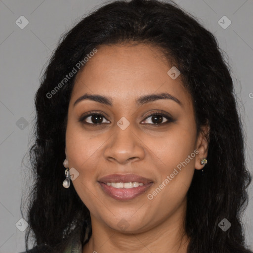 Joyful latino young-adult female with long  brown hair and brown eyes