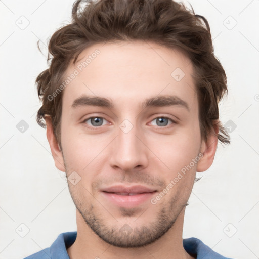 Neutral white young-adult male with short  brown hair and grey eyes