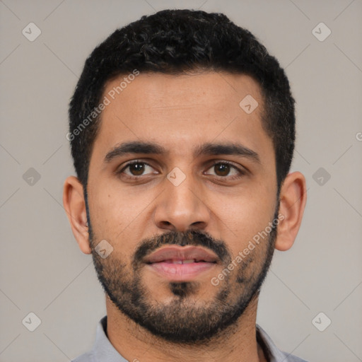 Neutral latino young-adult male with short  black hair and brown eyes