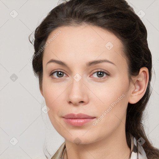 Neutral white young-adult female with medium  brown hair and brown eyes