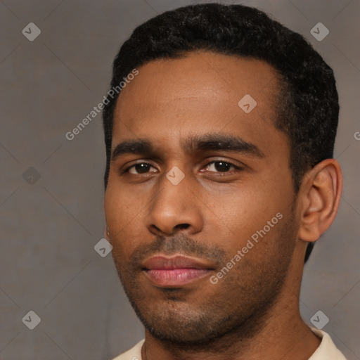 Neutral black young-adult male with short  black hair and brown eyes