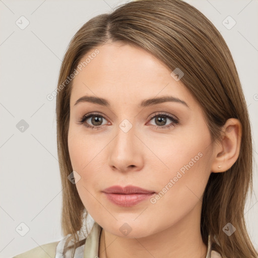 Neutral white young-adult female with long  brown hair and brown eyes