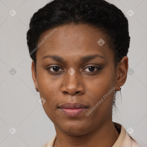 Neutral black young-adult female with short  black hair and brown eyes