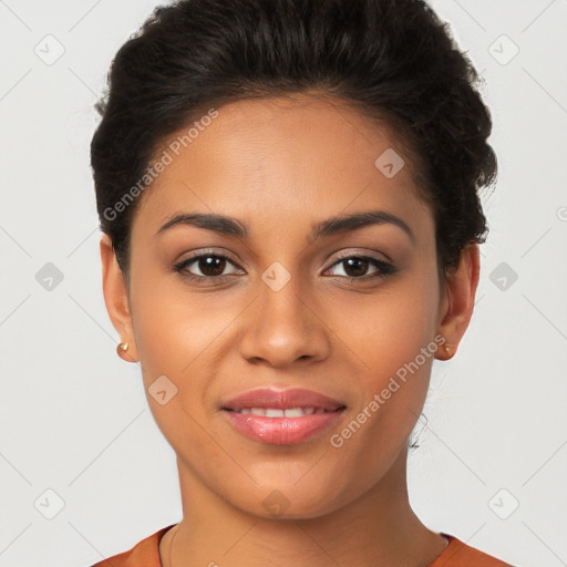 Joyful latino young-adult female with short  brown hair and brown eyes