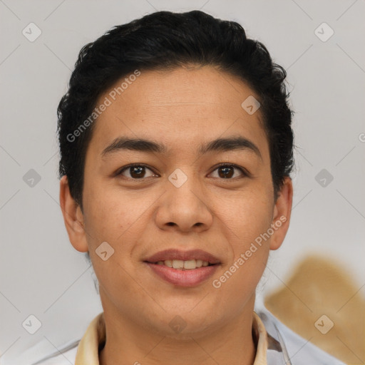 Joyful latino young-adult male with short  brown hair and brown eyes