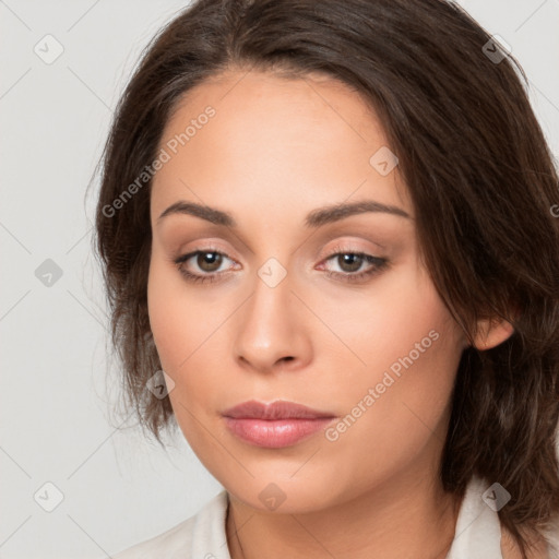 Neutral white young-adult female with medium  brown hair and brown eyes