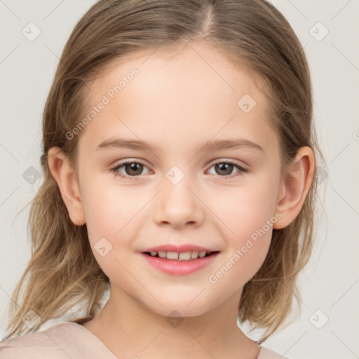 Joyful white child female with medium  brown hair and brown eyes