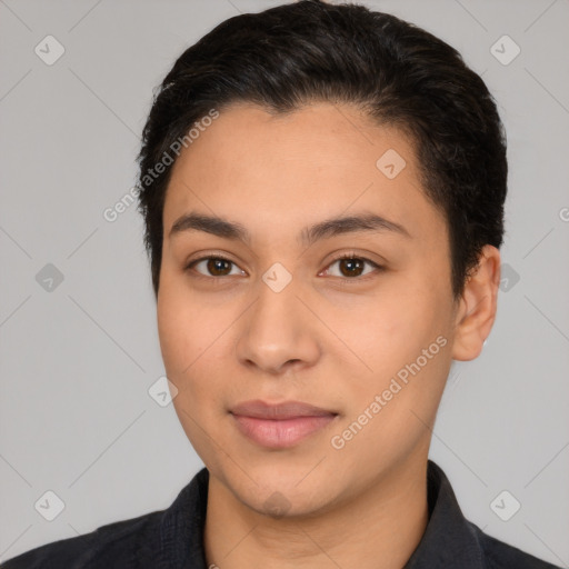 Joyful white young-adult female with short  black hair and brown eyes